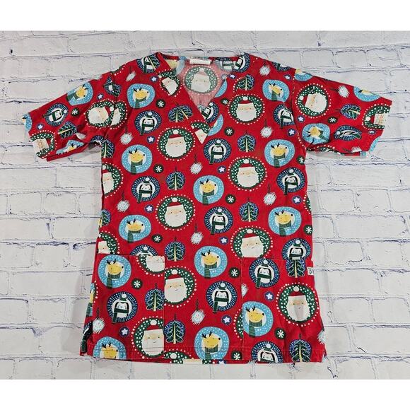 UA Scrubs Red Christmas Holiday Santa Short Sleeves Scrub Top WOMENS SIZE XS - Picture 1 of 5